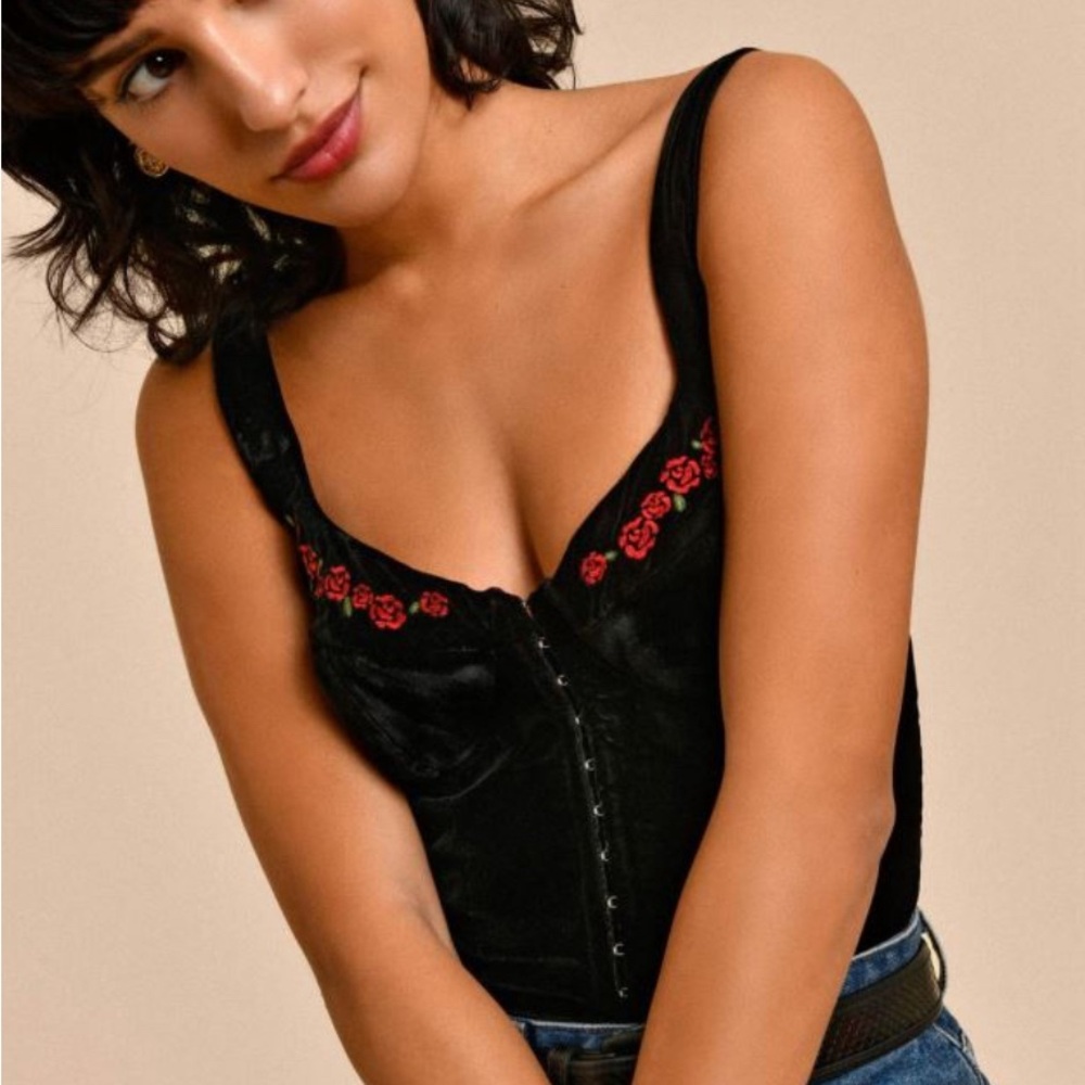 Rouje Black Velvet Corset Top with Red Rose Embroidery